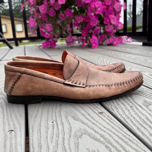 Santoni Men's Penny Loafers Tan Leather Dress Shoes Made in